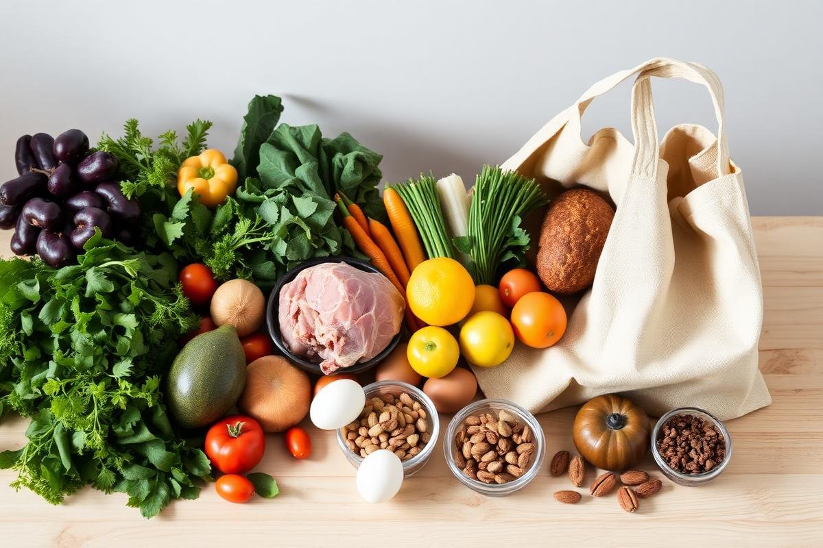 Paleo grocery haul with vegetables, meat, eggs, nuts and fruit beside a canvas tote