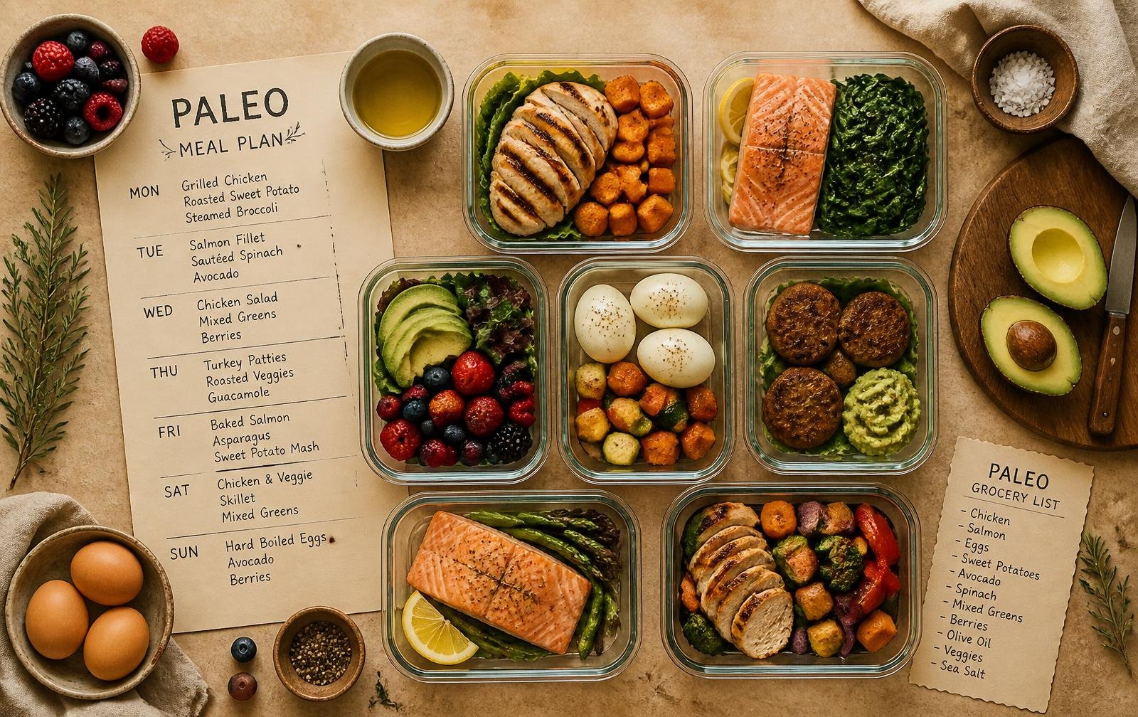 Weekly Paleo meal plan with prepped containers of chicken, salmon, eggs, avocado and berries