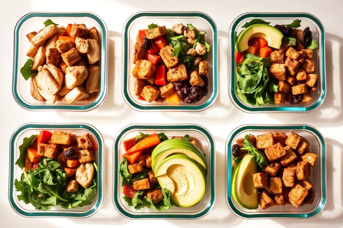 Six glass containers of prepped Paleo lunches with chicken, vegetables and avocado